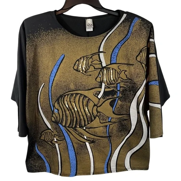 Vintage 80’s Sequin Embellished Batwing Top 2X Fish Gold Black - Picture 1 of 9